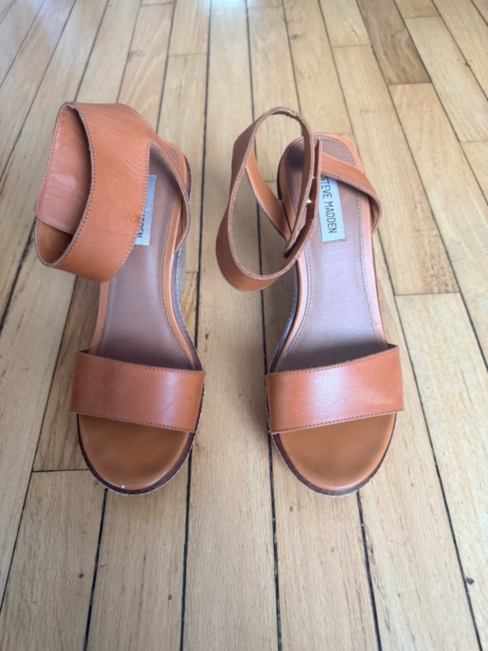 Steve Madden Cognac Tan Ankle-Strap Wedge Sandals - Picture 3 of 6